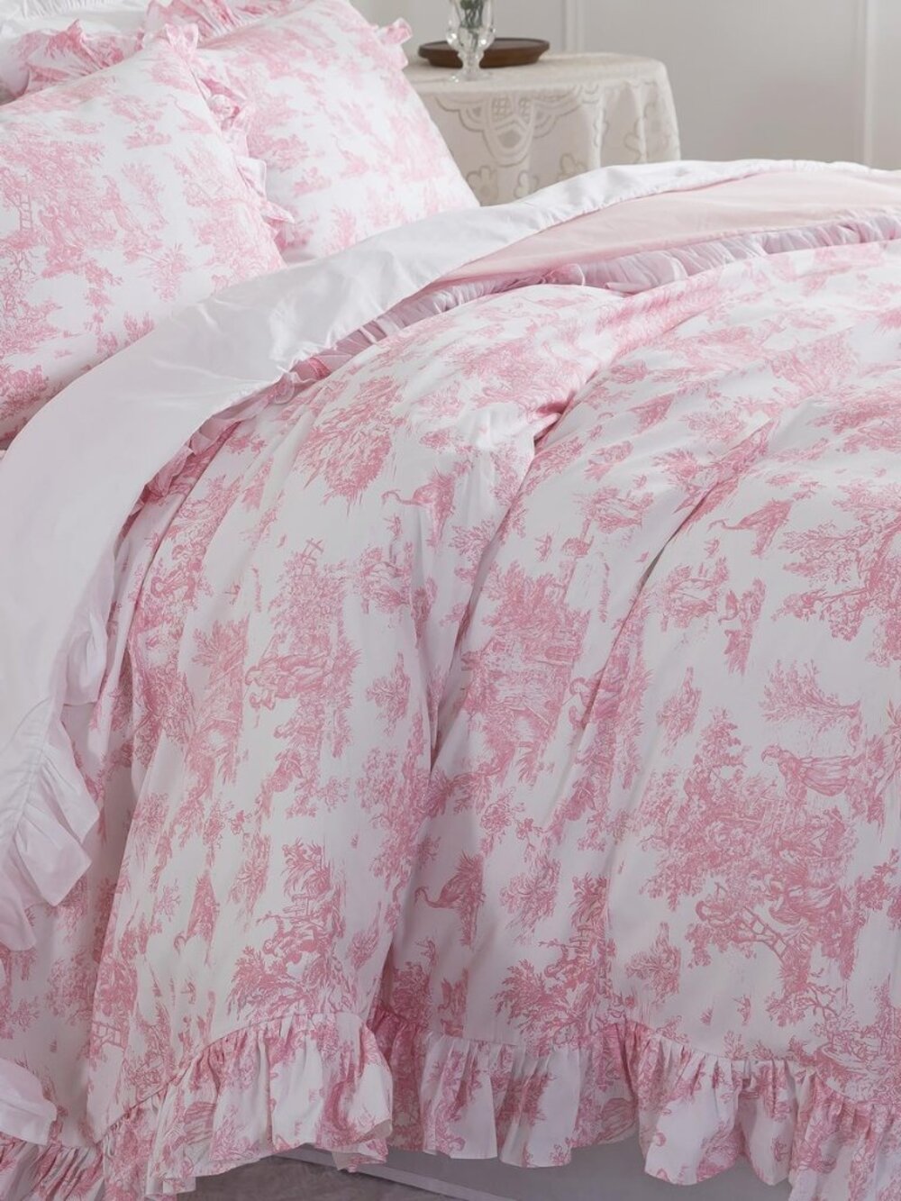 French Country Toile Duvet Cover Set King Size Organic Cotton Farmhouse Bedding